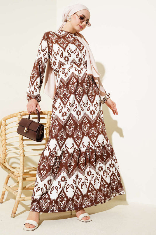 فستان كريب منقوش مطاطي مع حزام خصر، بني