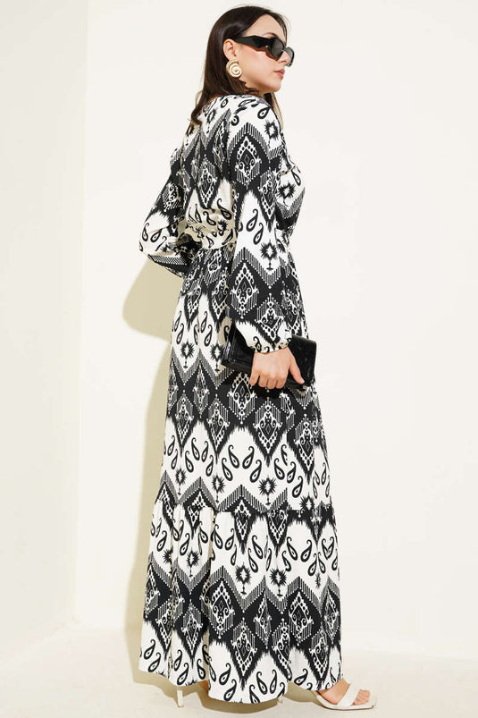 فستان كريب منقوش مطاطي مع حزام خصر أسود