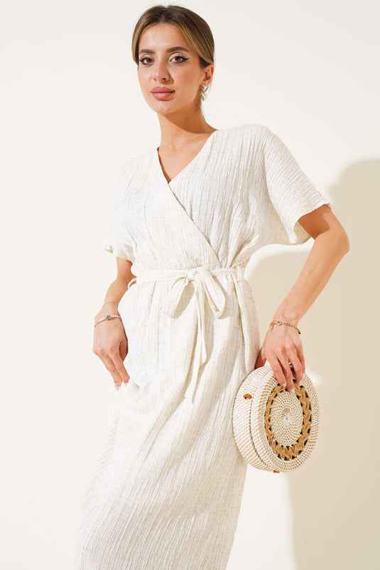 Beige Leinen-Midikleid mit Gürtel und elastischem Bund