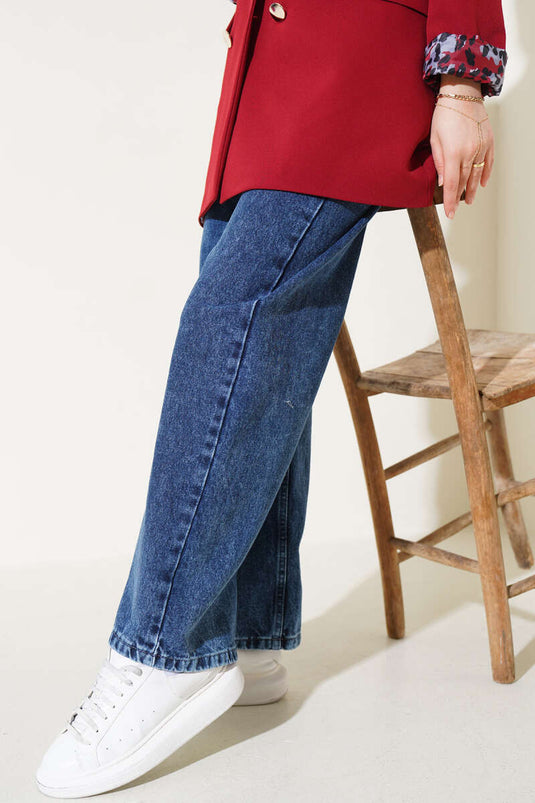 Pantalon Jeans Ceinturé Taille Élastique Bleu Foncé