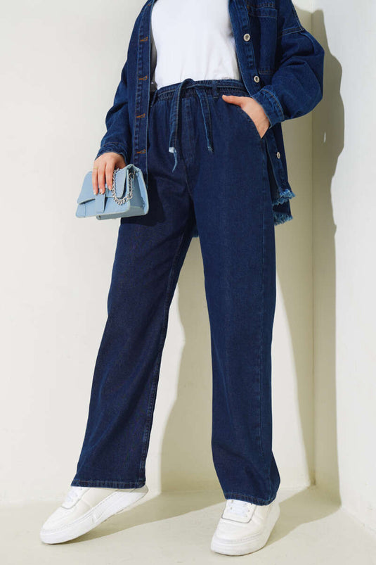 بنطال جينز مطاطي بحزام عند الخصر، لون أزرق داكن