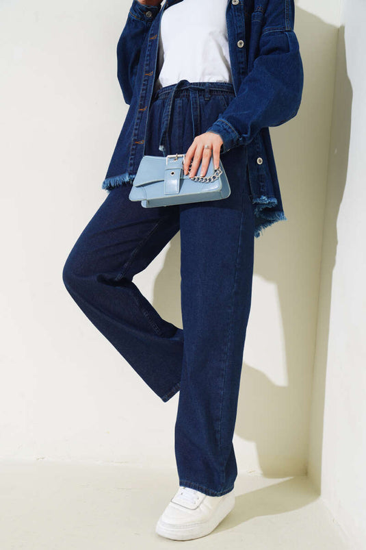 بنطال جينز مطاطي بحزام عند الخصر، لون أزرق داكن