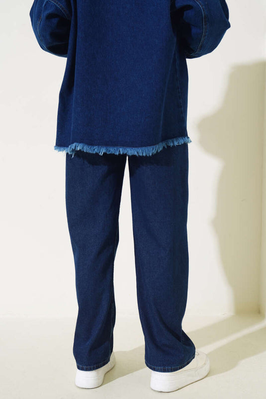 بنطال جينز مطاطي بحزام عند الخصر، لون أزرق داكن