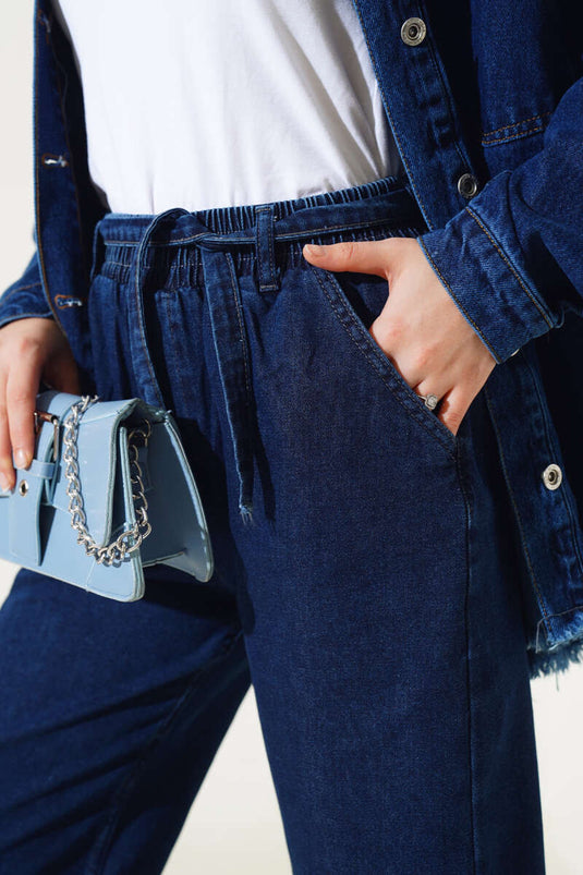 بنطال جينز مطاطي بحزام عند الخصر، لون أزرق داكن