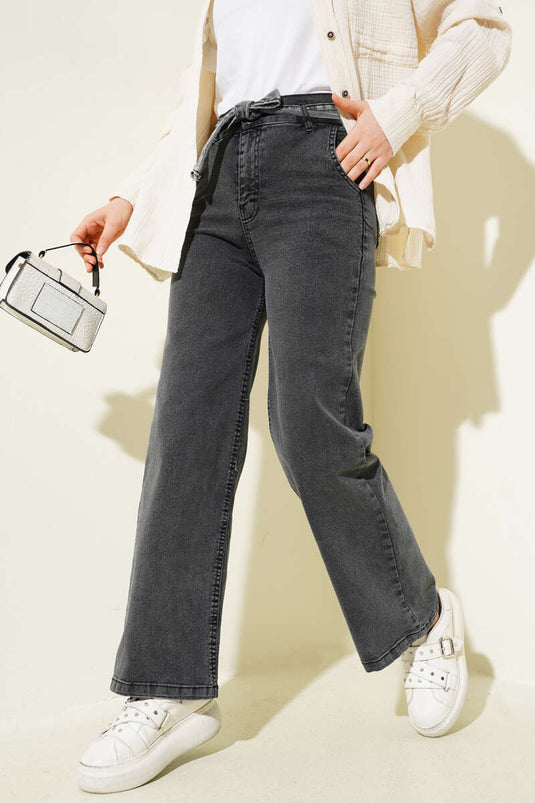 Pantalones Vaqueros con Cintura Elástica y Cinturón en Color Gris Humo