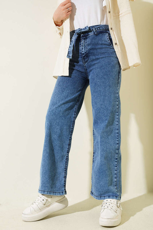 Belted Waist Elastic Jeans Trousers Jeans