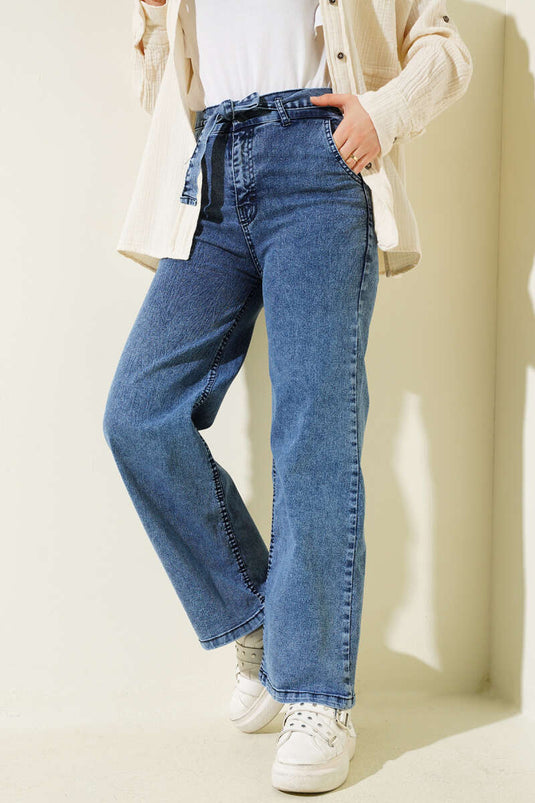 Belted Waist Elastic Jeans Trousers Jeans