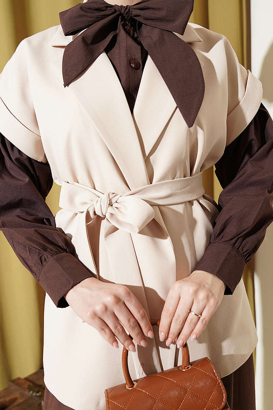 Gilet Blazer con Cintura Beige