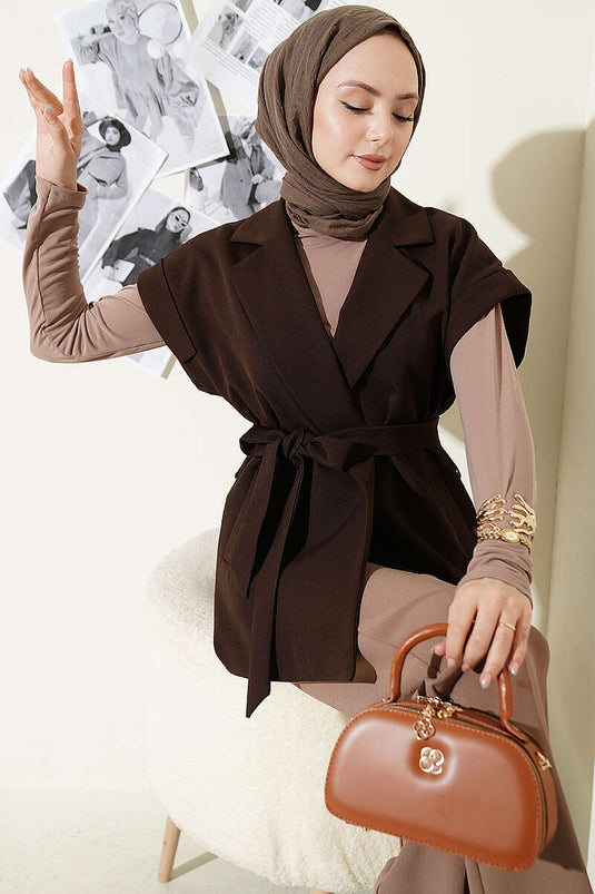 Belted Blazer Vest Brown