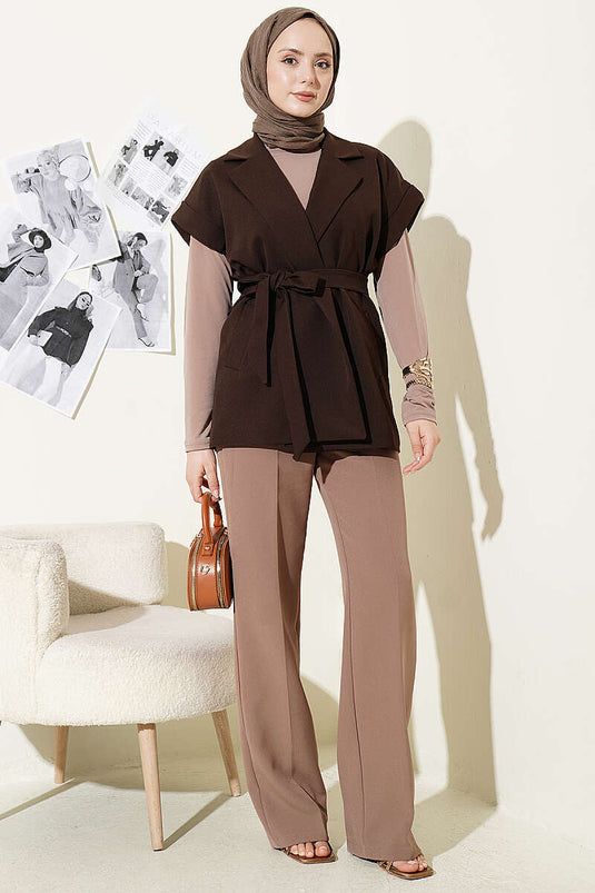 Belted Blazer Vest Brown