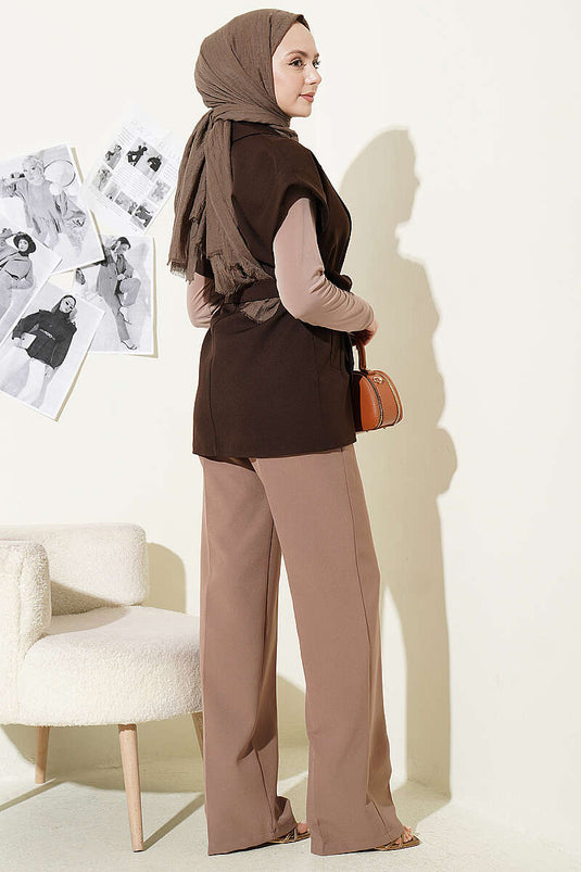 Belted Blazer Vest Brown