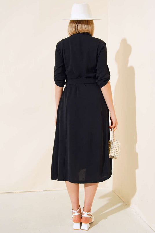 Belted Button-Down Dress Black