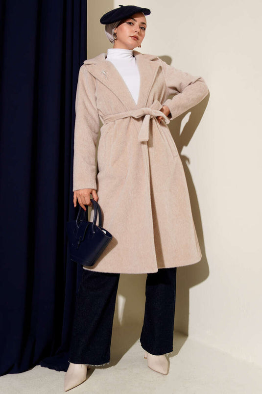 معطف كشمير برونزي بحزام وبيج