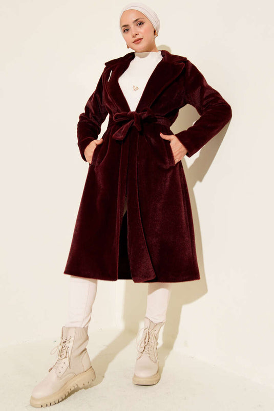 Belted Bronch Detailed Cashmere Coat Burgundy