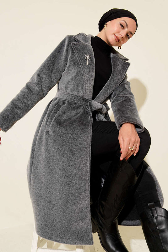 Belted Bronch Detailed Cashmere Coat Smoke