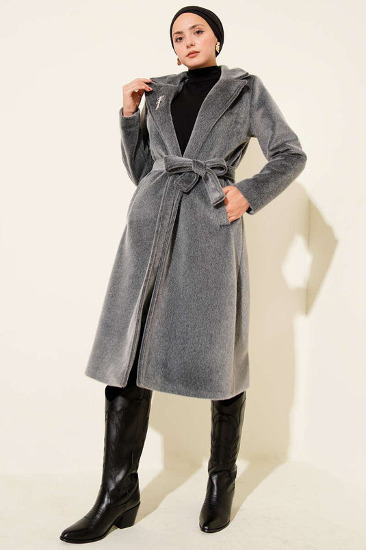 معطف كشمير دخاني بتفاصيل وحزام