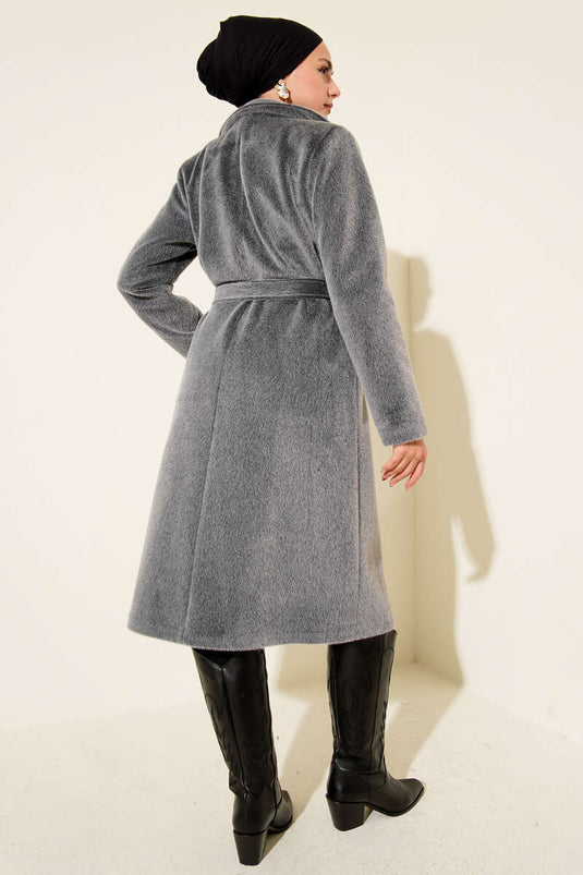 معطف كشمير دخاني بتفاصيل وحزام