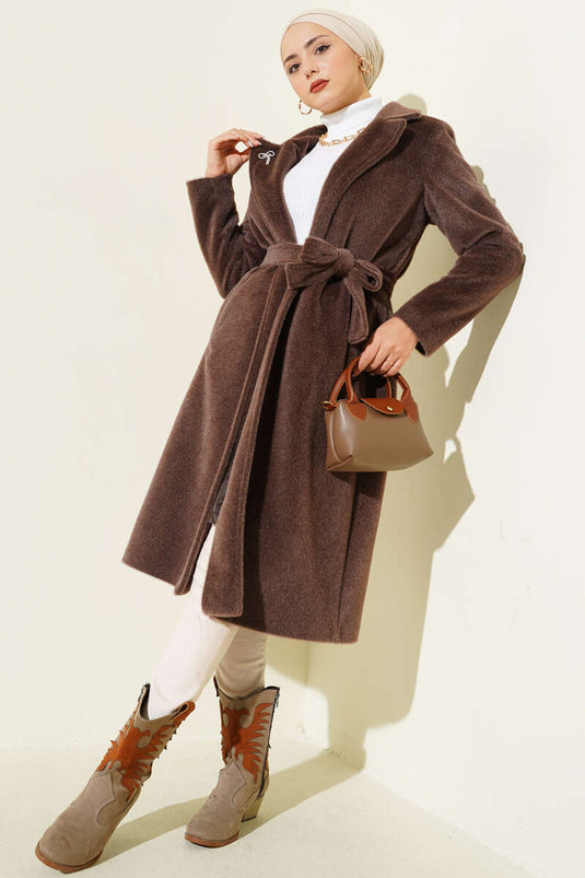 Belted Bronze Detailed Cashmere Coat Brown
