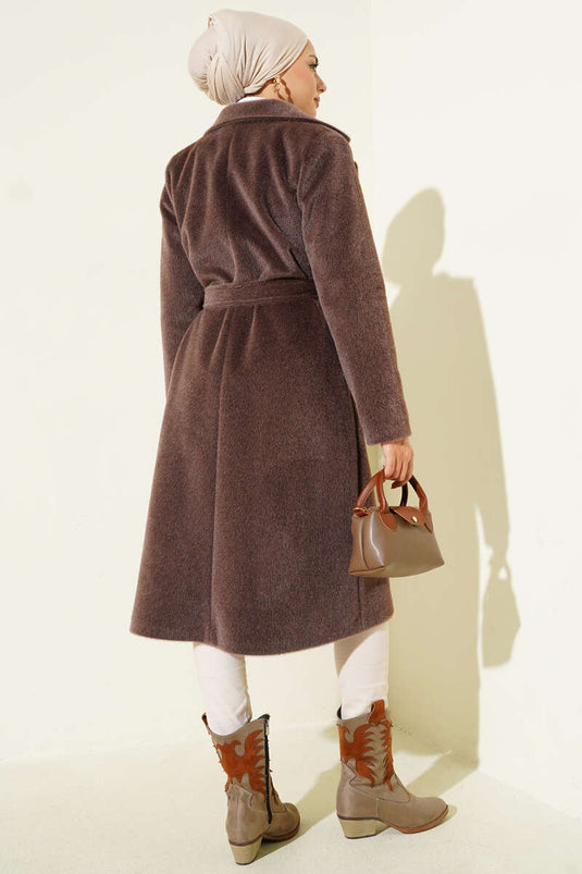 Belted Bronze Detailed Cashmere Coat Brown