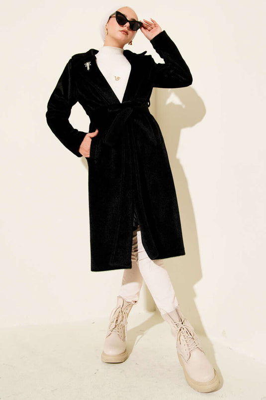 Belted Bronze Detailed Cashmere Coat Black