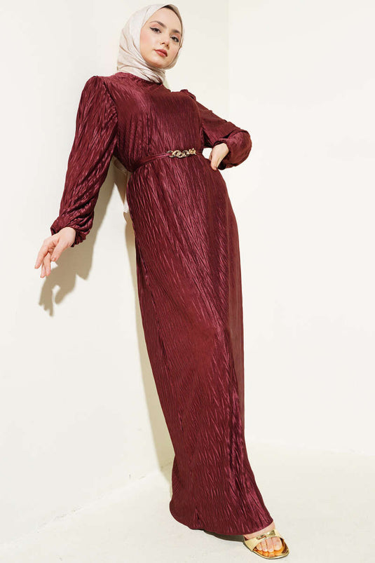 Belted Pleated Dress in Burgundy