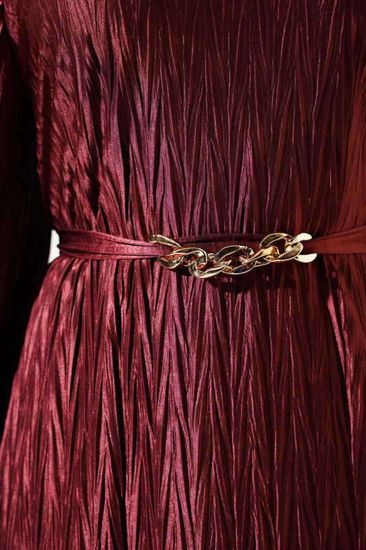 Belted Pleated Dress in Burgundy