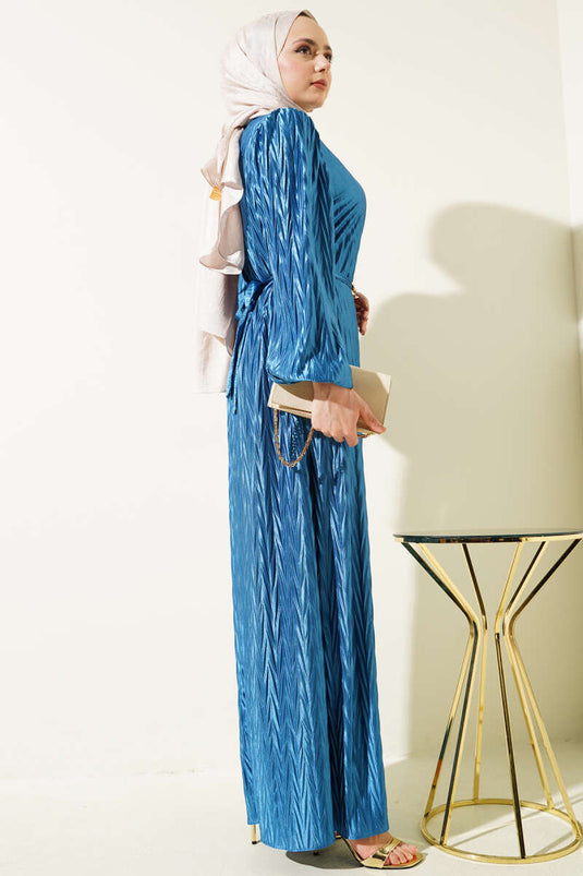 Robe plissée ceinturée indigo