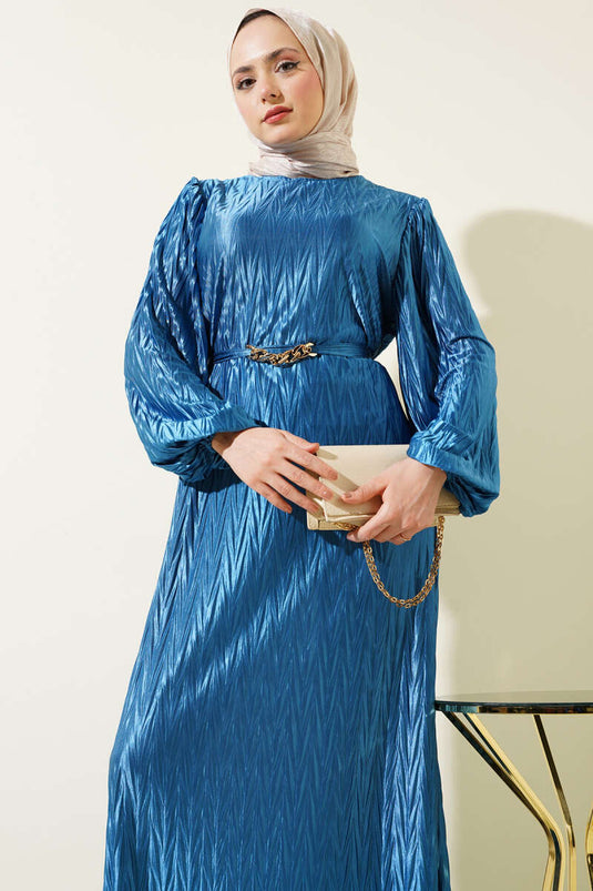 Robe plissée ceinturée indigo