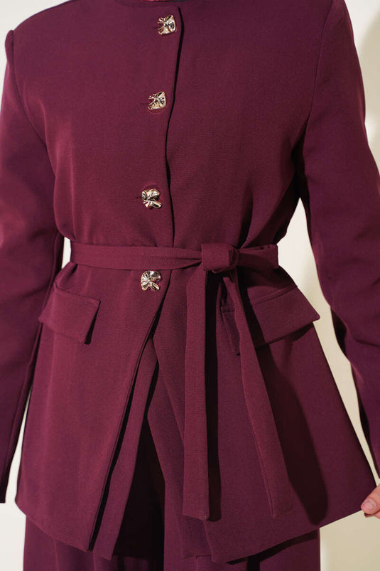 Belted Pockets Jacket Set In Burgundy