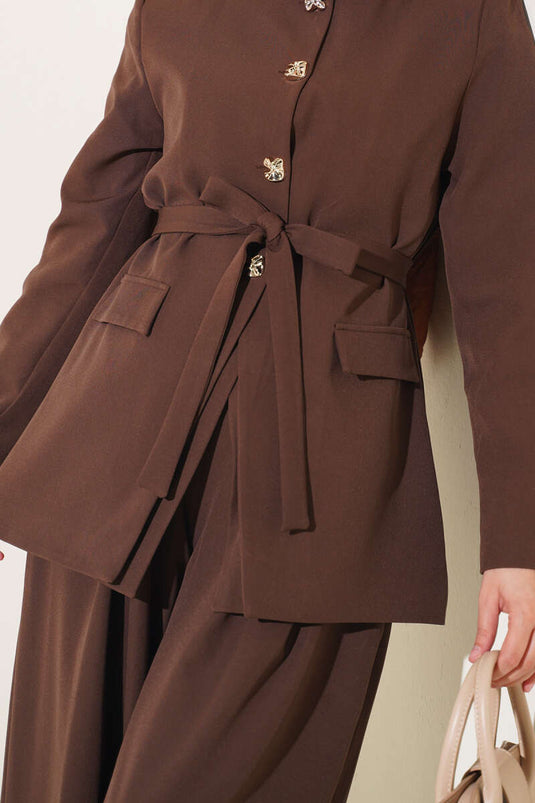 Belted Pockets Jacket Set In Brown
