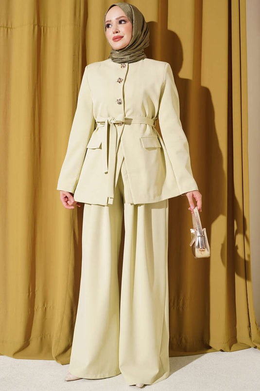 Belted Pockets Jacket Set In Aqua Green