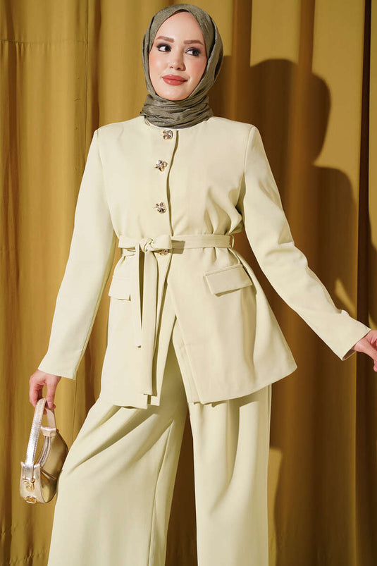 Belted Pockets Jacket Set In Aqua Green