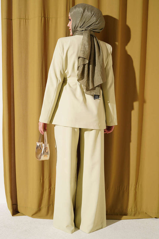 Belted Pockets Jacket Set In Aqua Green