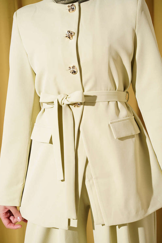 Belted Pockets Jacket Set In Aqua Green