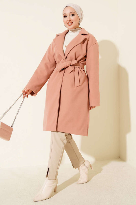 Kuşaklı Cepli Kaşe Kaban Pudra