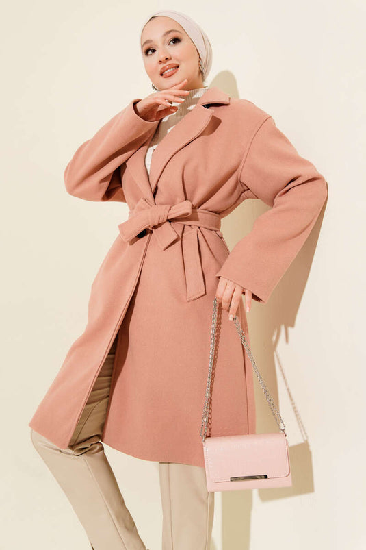 Kuşaklı Cepli Kaşe Kaban Pudra