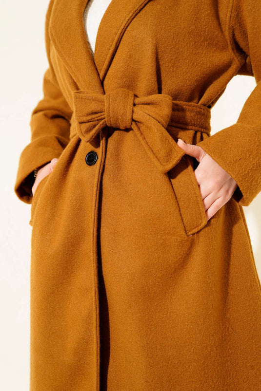 Belted Pocketed Cashmere Coat, Tan