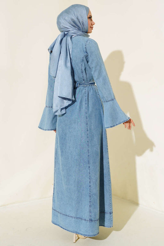 فستان دينم بجيب مربوط، أزرق دينم