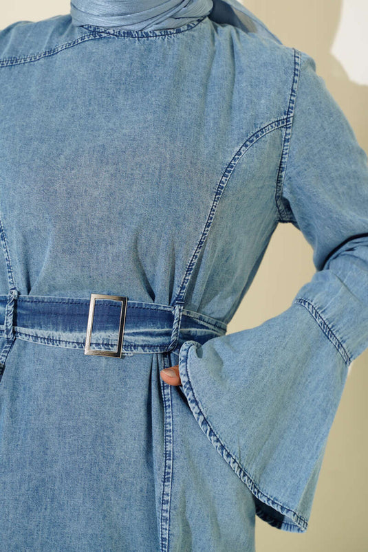 فستان دينم بجيب مربوط، أزرق دينم