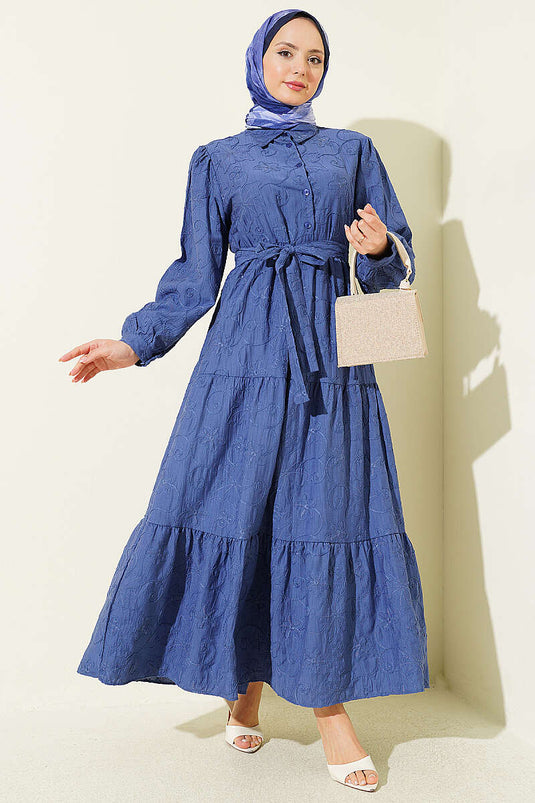 Belted Floral Embroidered Layered Dress Blue
