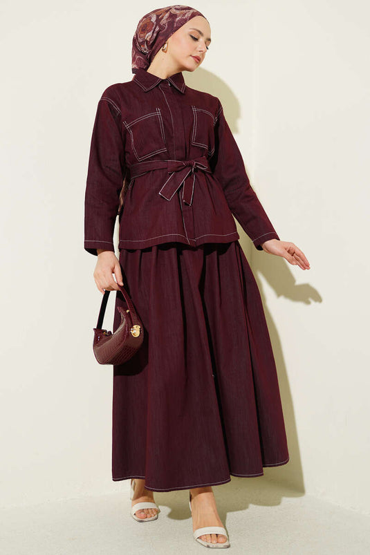 Burgundy Two-Piece Set with Belted Double-Pocket Skirt