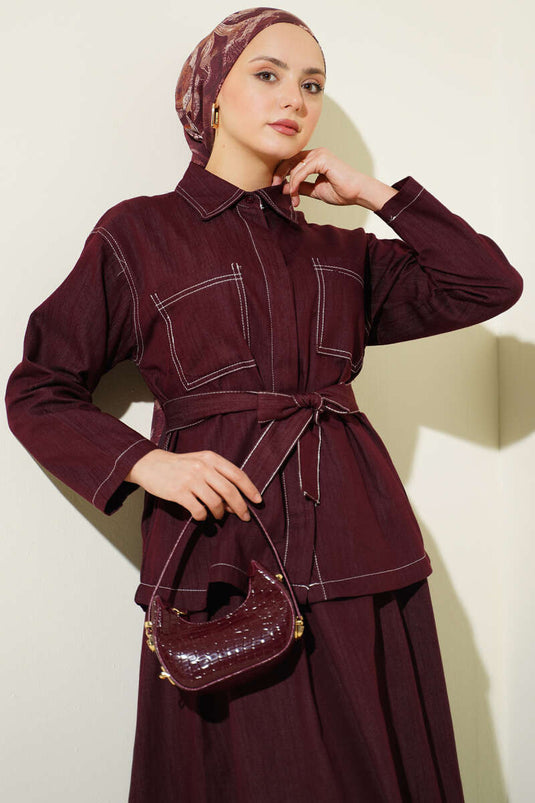 Burgundy Two-Piece Set with Belted Double-Pocket Skirt