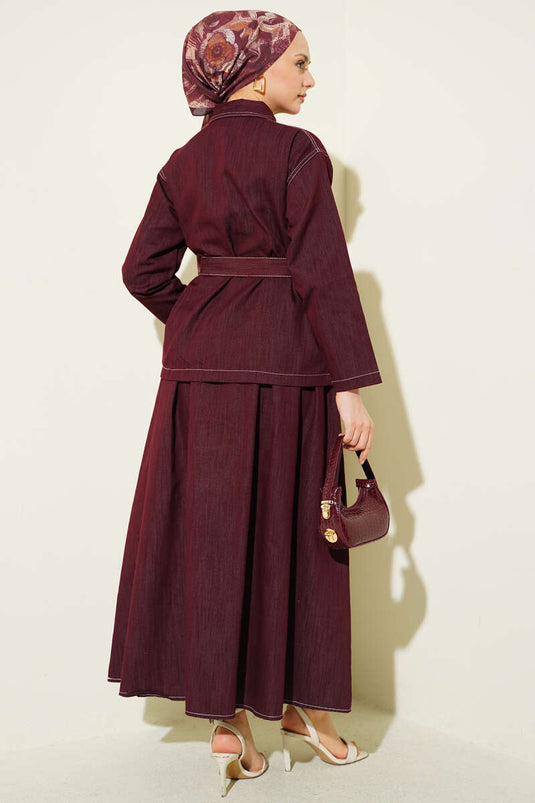 Burgundy Two-Piece Set with Belted Double-Pocket Skirt