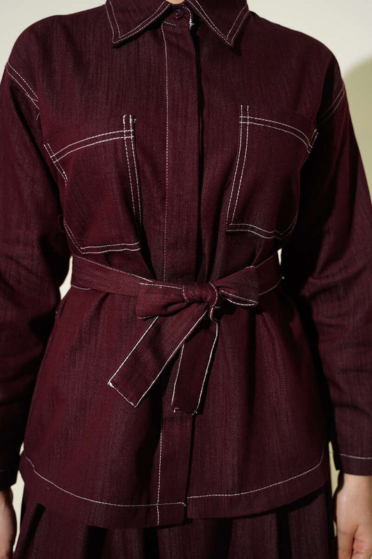 Burgundy Two-Piece Set with Belted Double-Pocket Skirt