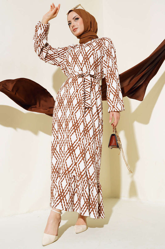 فستان بني منقوش بحزام