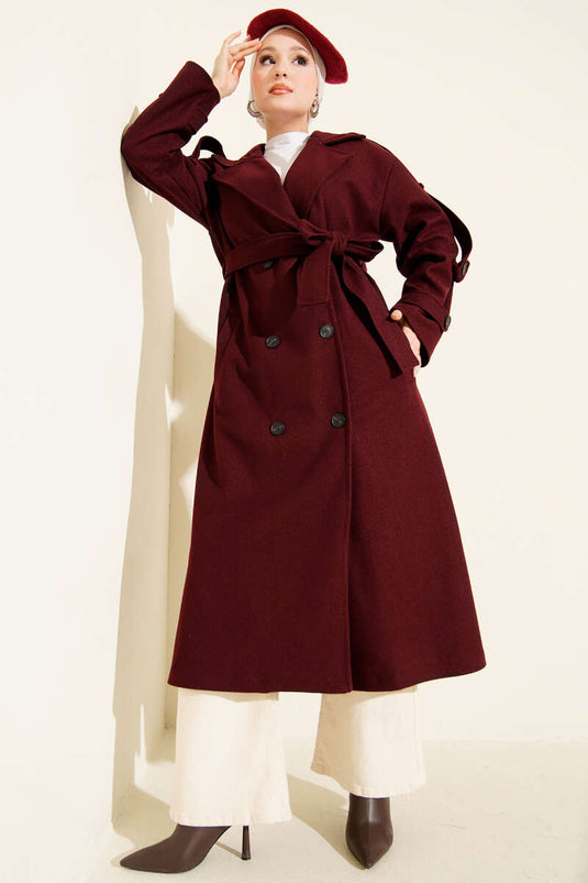 Belted Button Detailed Cashmere Coat Burgundy