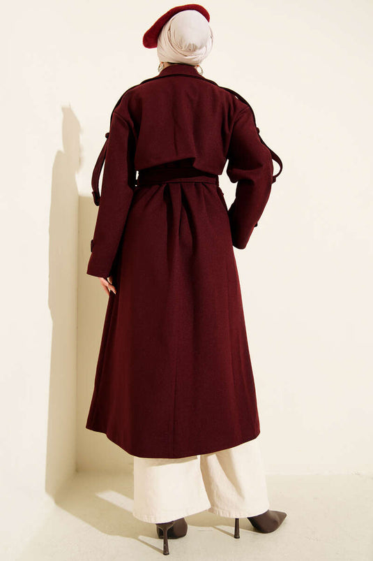 Belted Button Detailed Cashmere Coat Burgundy