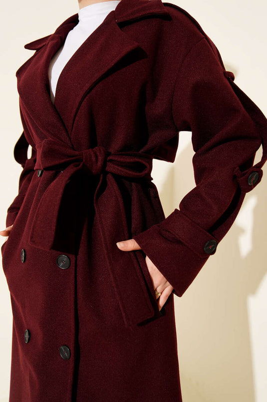 Belted Button Detailed Cashmere Coat Burgundy