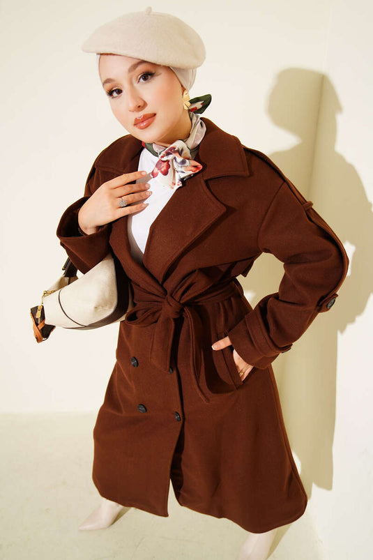Belted Button Detailed Cashmere Coat Brown