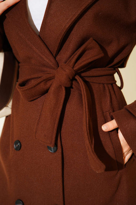 Belted Button Detailed Cashmere Coat Brown